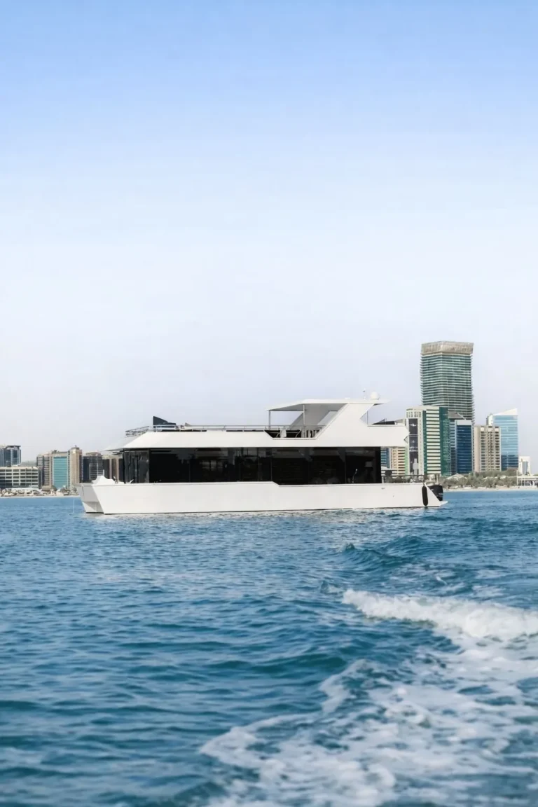 Amber Regent birthday yacht with a walnut dining salon in Abu Dhabi